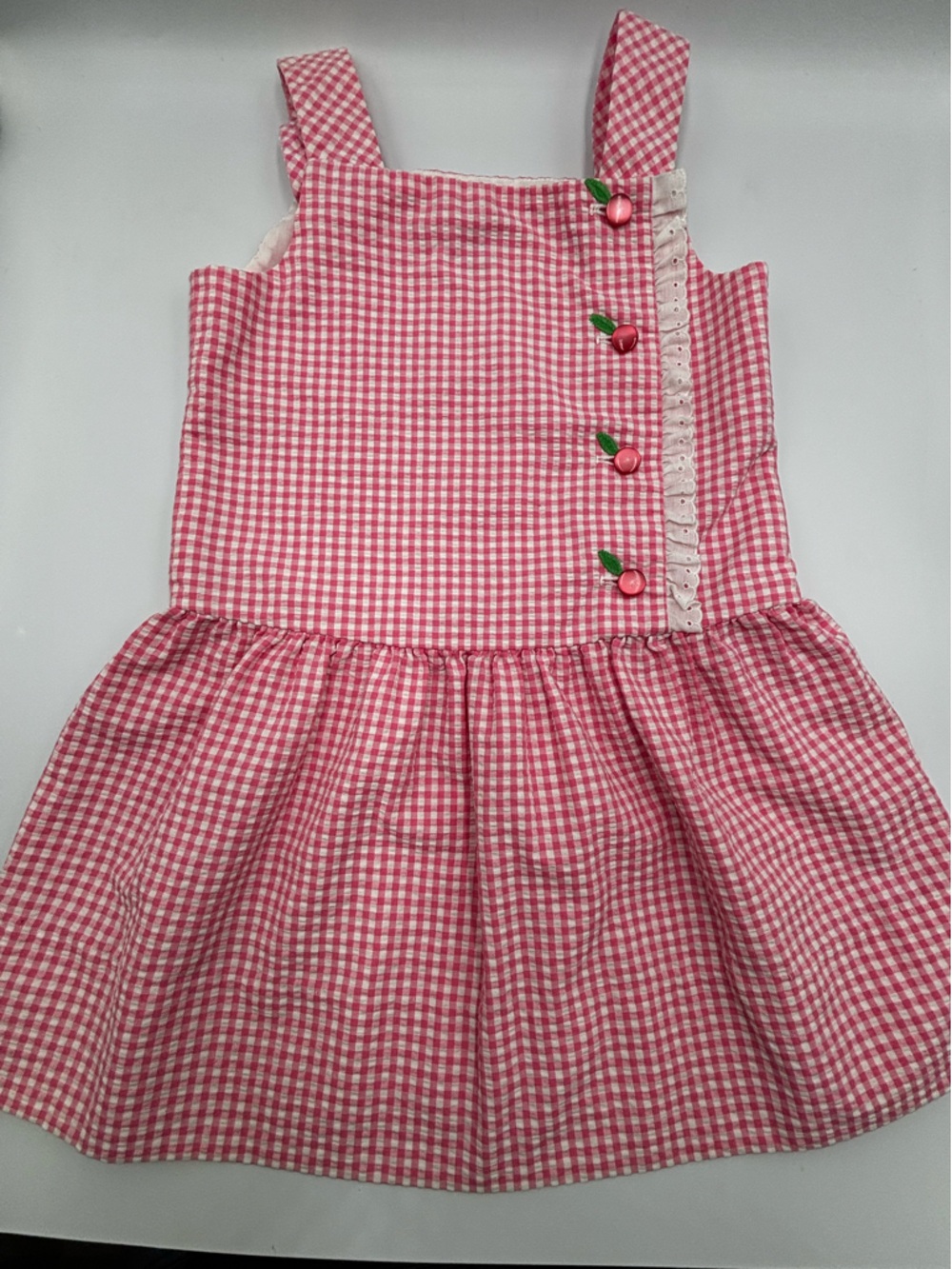 Vtg Florence Eiseman Girls Sz 5 Pink White Gingham Seersucker Sundress W Cherry